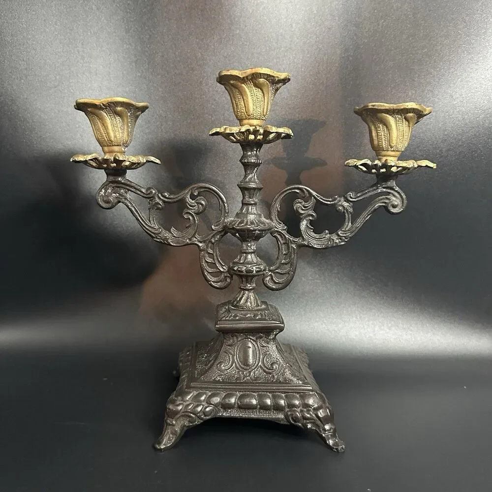 Vintage French Spelter 3 Arm Ornate Candelabra Gilt Brass Holder 8”